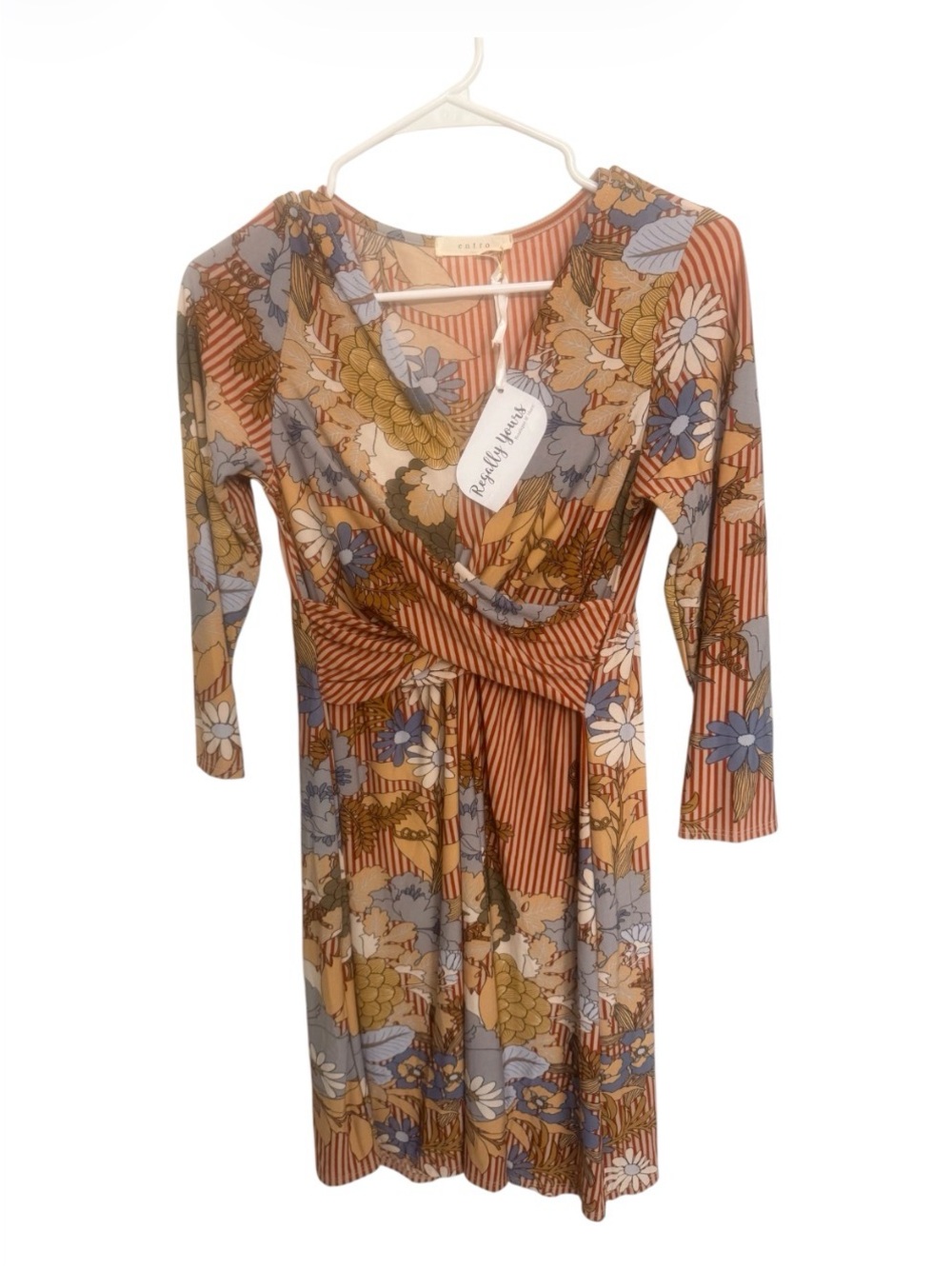 entro Rust and Blue Floral Wrap-Style Long Sleeve Dress